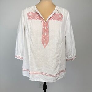 Artisan NY Linen Blend Embroidered Top Womens 1X White Lightweight Resort Beachy